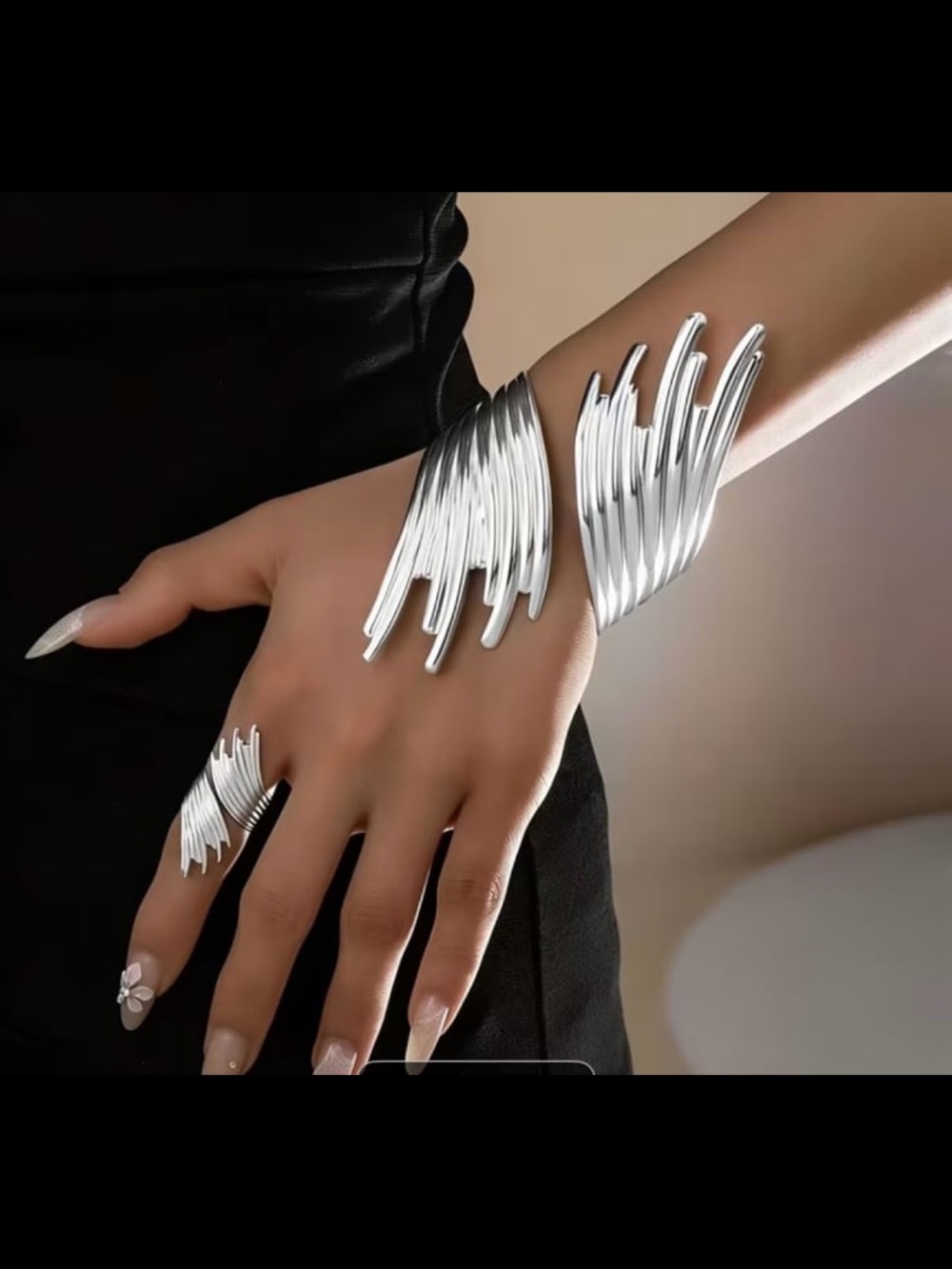 New! Silver Color Fashionable - 2 Pcs. Bold Textured Wing Bracelet & Ring Set.